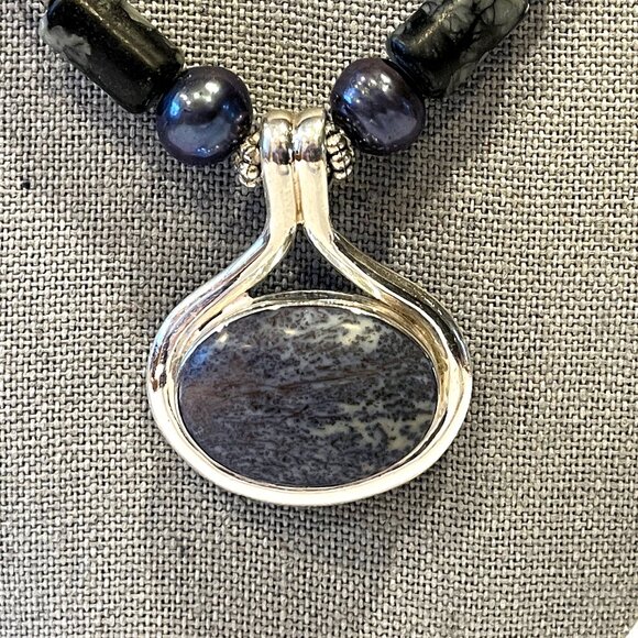 Vintage DENDRITIC AGATE 925 Silver Pendant Necklace Earring Set Parure - Picture 11 of 11